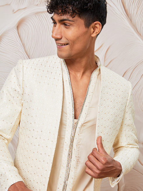 Men's Cream Silk Blend Indowestern, Kurta Pant Set